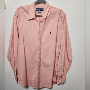 Ralph Lauren Classic Fit Orange White Stripe Long‎ Sleeve Button Down Logo Large
